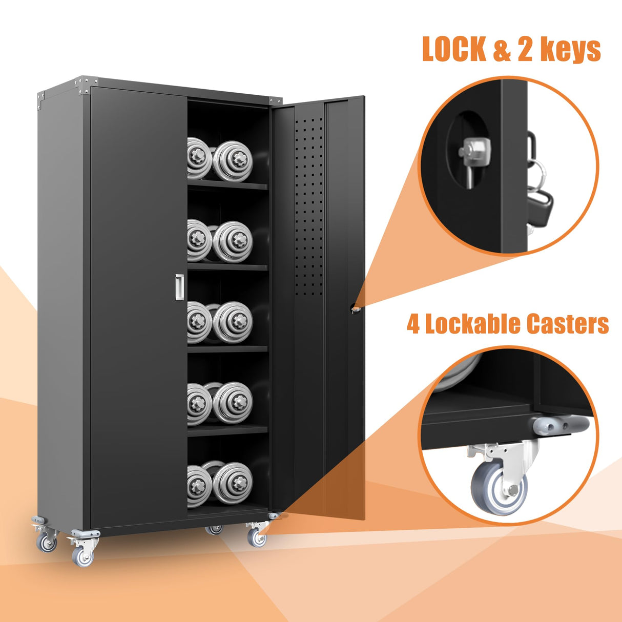 Waqiv 71''H Black Metal Garage Storage Cabinet with Wheels, Lockable Tool Cabinet with Doors and 4 Adjustable Shelves,Tall Metal Cabinets with 2 Pegboards for Garage Storage Systems, Assembly Required Waqiv