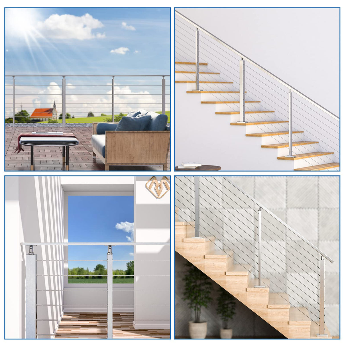 Muzata Intermediate Post Undrilled 42"x1"x2"(Post Body 39") Adjustable Top Cable Railing Post Top Mount Brushed Rectangular Stainless Steel Middle Post Wood Concrete Level Deck, PS11 LN4L Muzata