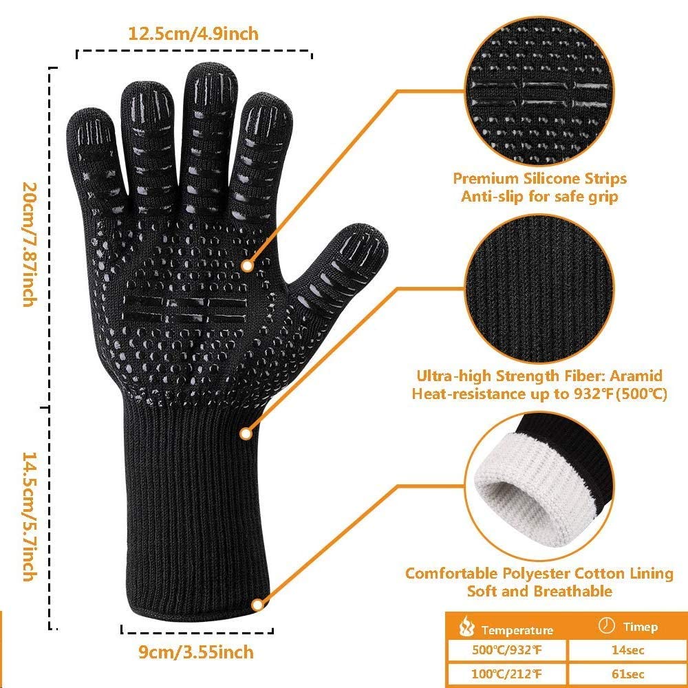 Heat Resistant BBQ Gloves for Hot Temperature Cooking, Barbecue Grilling or Baking Bread Pizza, Safe Oven Mittens with Fingers MOAMI