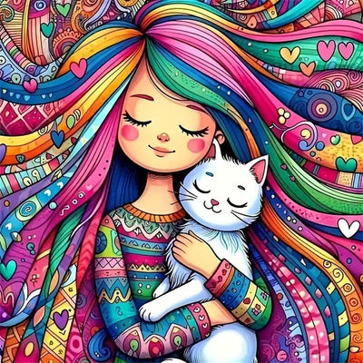 Diosedyer Whimsical Rainbow Girl & Cat Diamond Art Kit, Full Round Drill Diamond Painting for Adults Kids, Colorful Cartoon Diamond Craft Kit, DIY Wall Art Decor for Bedroom Living Room 11.8x11.8 inch