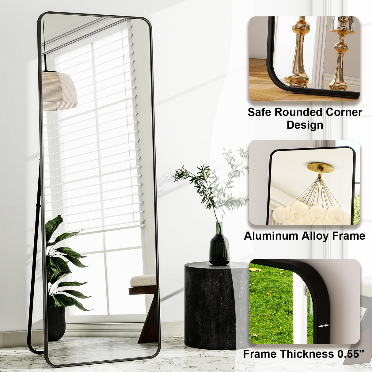 HARRITPURE 56" x 21" Rounded Full Length Mirror Aluminum Frame Black Mirror Full Length Floor Mirror with Stand for Living Room Bedroom Cloakroom HARRITPURE
