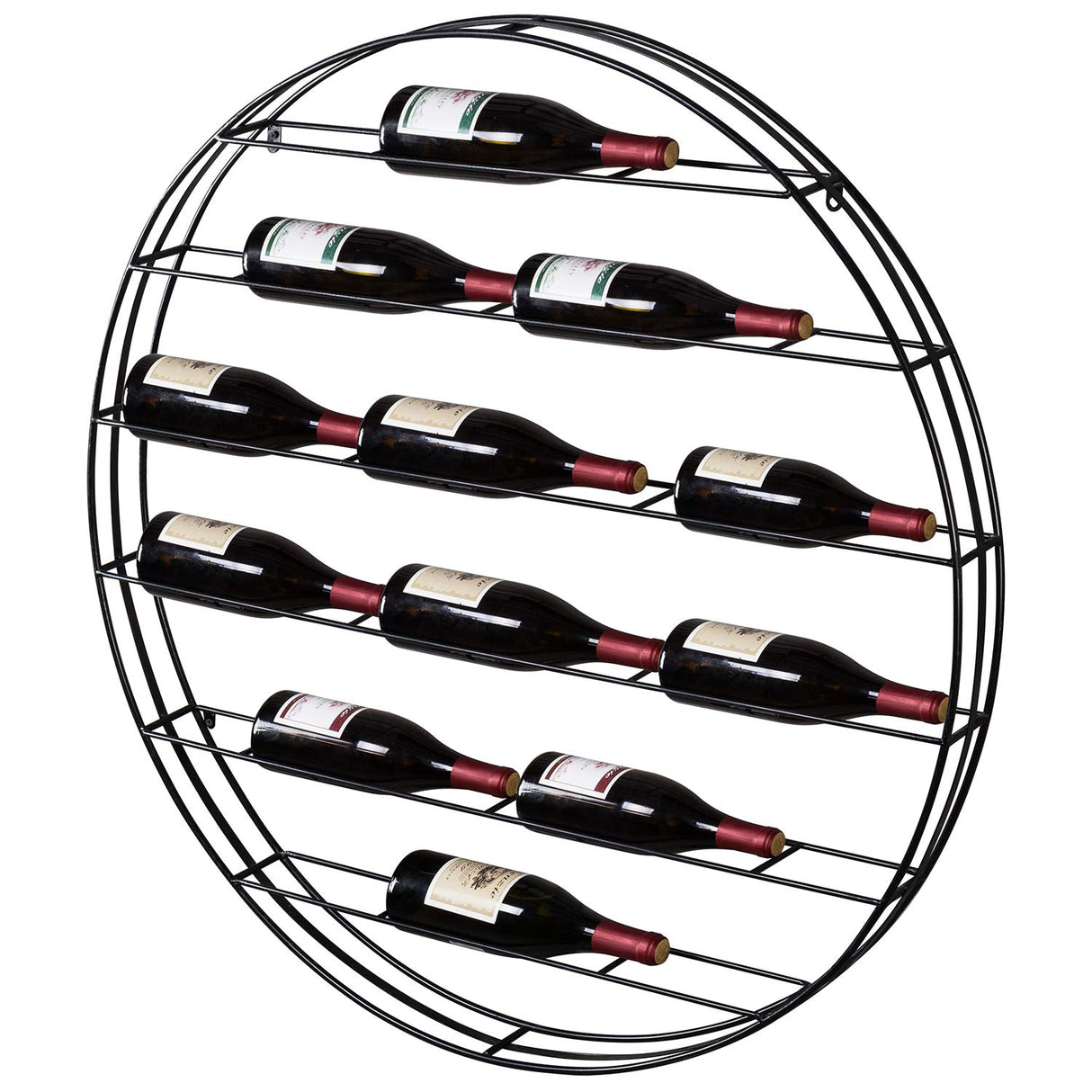 MyGift 12-Bottle Modern Black Metal Round Wall Mounted Wine Rack – 6-Tier Horizontal Storage Shelf for Kitchen, Living Room & Wine Cellar – Space-Saving Wall Decor & Cork Preservation MyGift