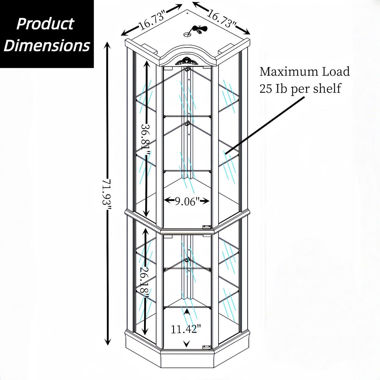 Trygoal 72" H Lighted Wooden Corner Curio Cabinet, Curio Cabinet with Light Bulb, Accent Wooden Corner Case with Glass Doors & Shelves for Living Room, Dining Room, Black Trygoal