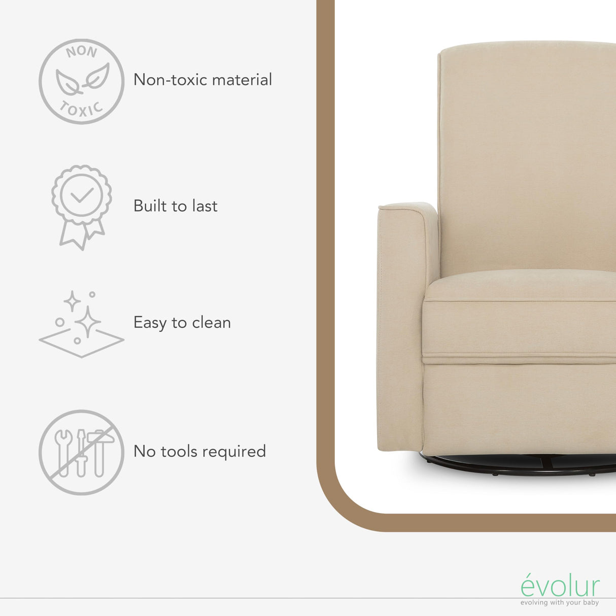 Evolur Raleigh Upholstered Plush Seating Nursery Glider 360-degree, Swivel Rocker Recliner, Multi Recline Positions, Greenguard Gold & JPMA Certified, Stain Resistant, Tool-Free Assembly, Shell Evolur
