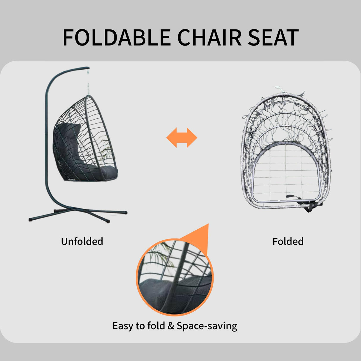 Kingdura Hanging Egg Chair with Stand Indoor Outdoor, Foldable Rattan Wicker Hammock Egg Swing Chair for Bedroom Porch Patio Garden, Thickened Cushion, 350LBS Capacity, Heavy Duty Frame Kingdura