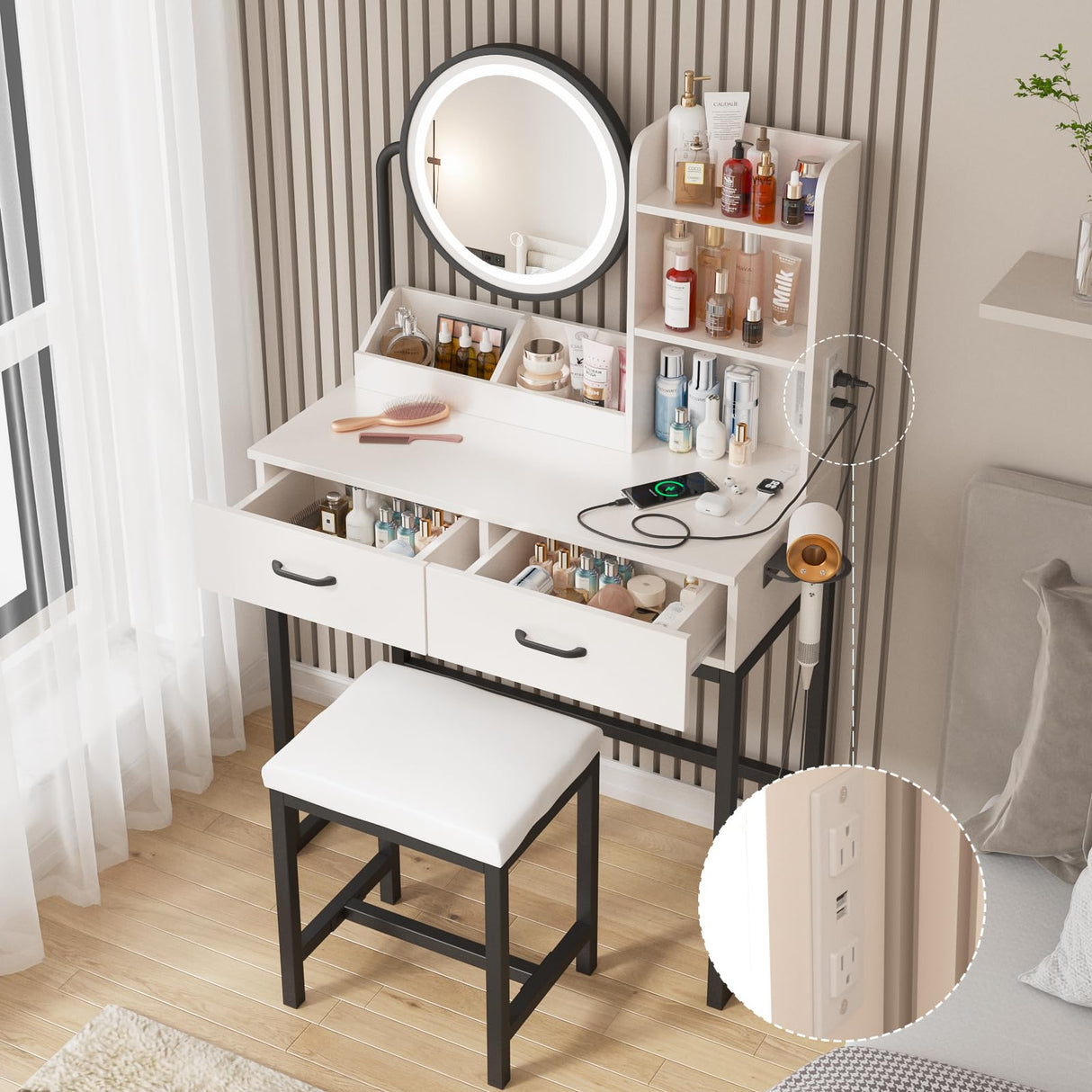 Vabches Makeup Vanity with Round Mirror and Lights, White Vanity Makeup Table with Charging Station, Small Vanity Table for Bedroom, 3 Lighting Vabches