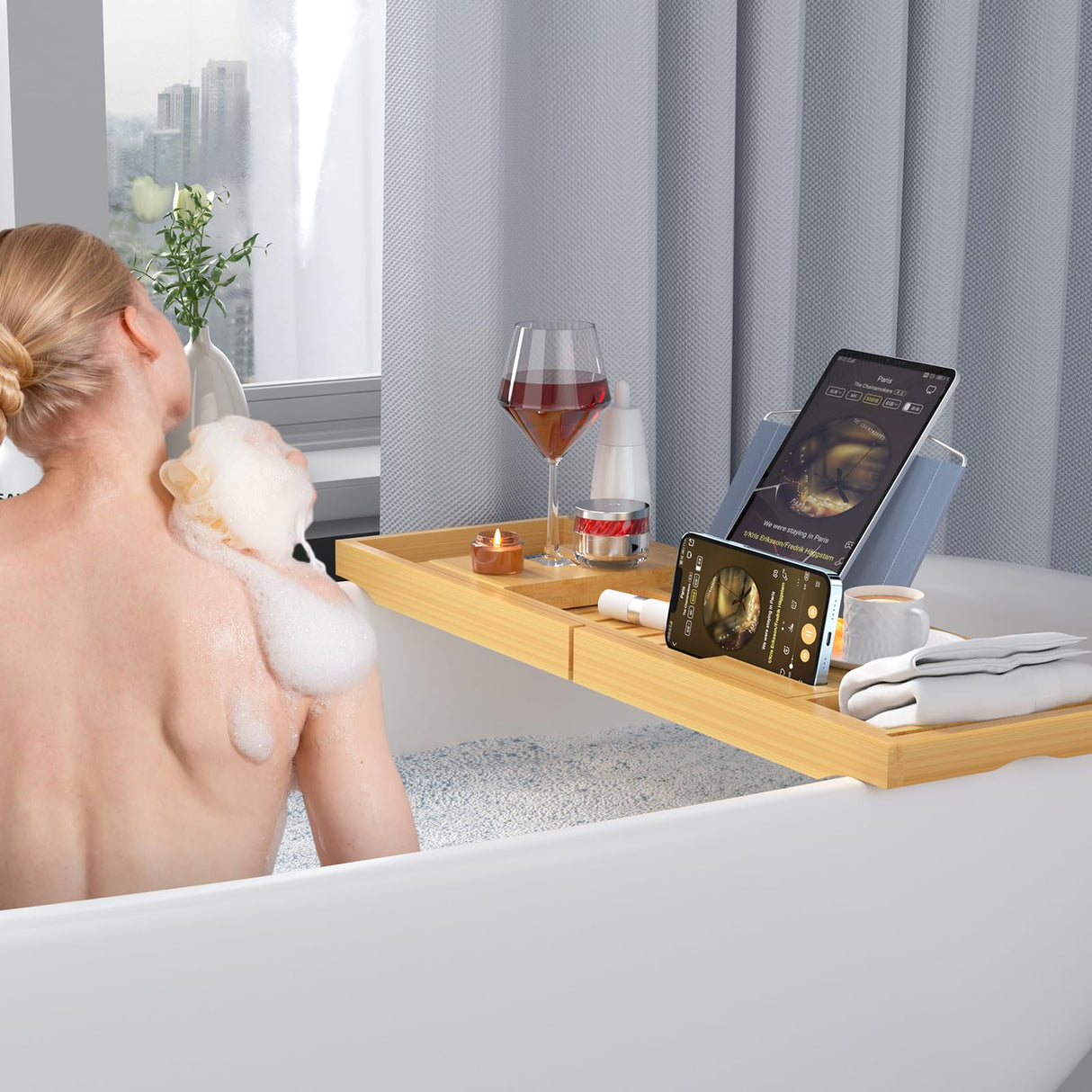 Sen Yi Bao Luxury Bathtub Caddy Tray,Bamboo Bathtub Tray Caddy - Wood Bath Tray Expandable,Can be Placed Book and Integrated Tablet Smartphone and Wine Holder - Gift Idea for Loved Ones Sen Yi Bao