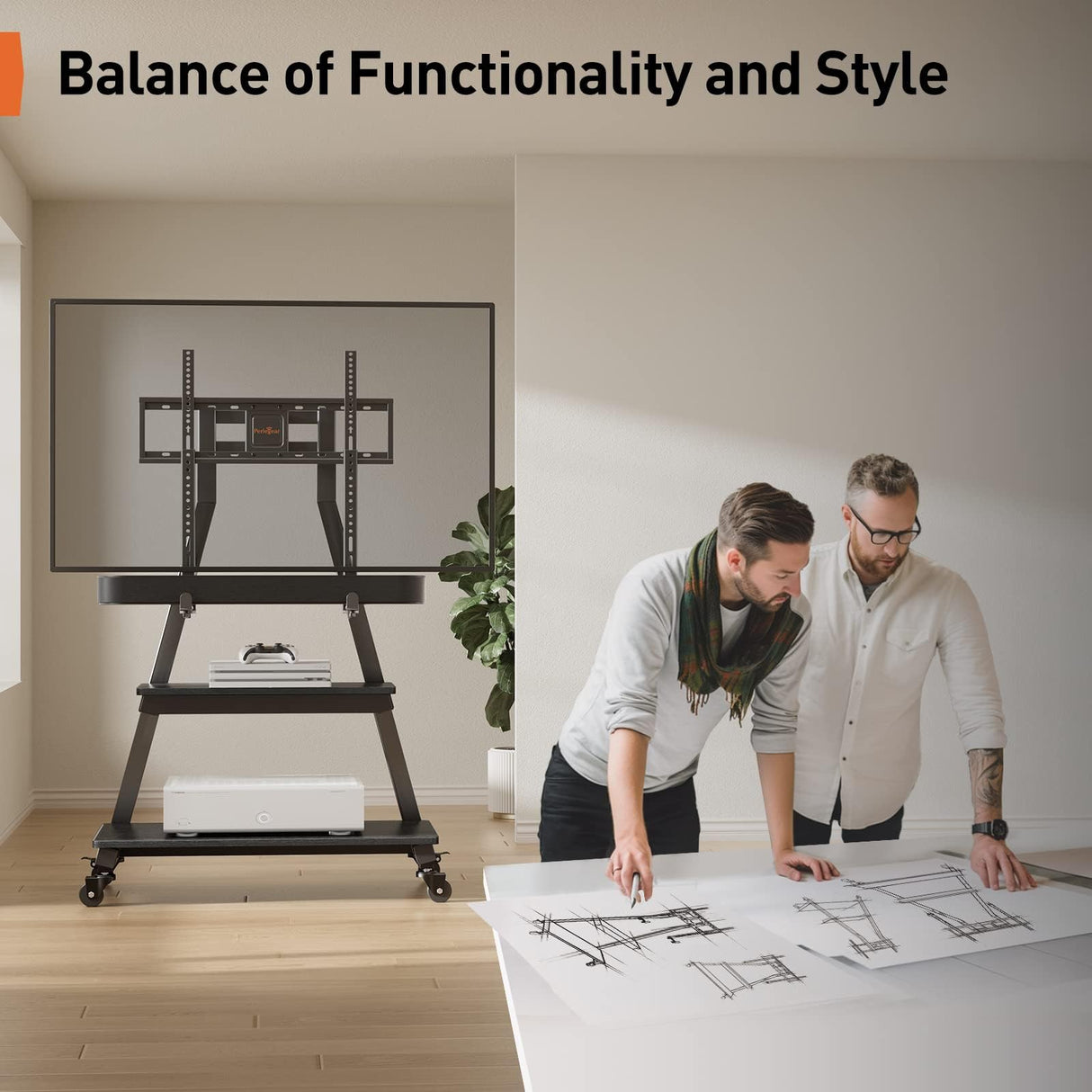 Perlegear Mobile TV Stand with Soundbar Mount, Rolling Floor TV Stand with Wheels for 43-80" TVs up to 132lbs, Mobile TV Cart with Storage Shelves, Tilt Swivel Corner TV Cart Max VESA 600x400mm Perlegear