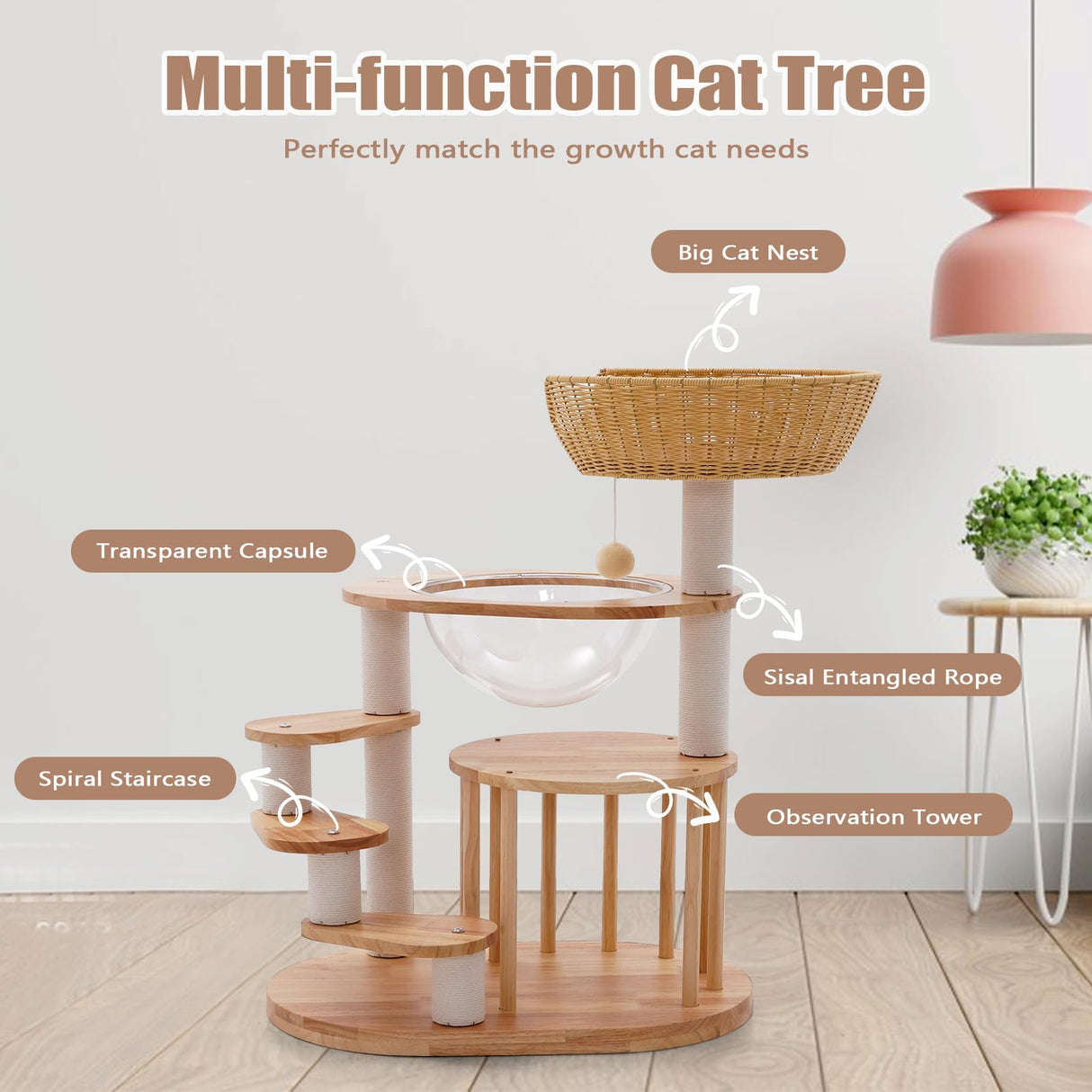 Romiromi Wooden Cat Tower 31",Wooden Cat Tree Heavy Duty Sisal-Covered Scratching Posts for Multi-Layer Cat Tree, Space Capsule Bed Easy to Assemble Romiromi