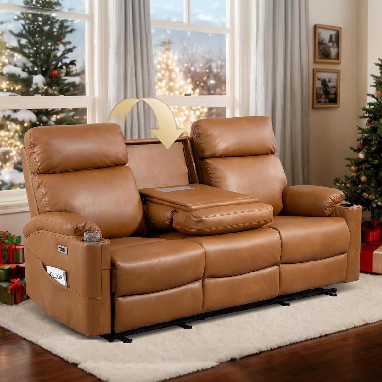 B BAIJIAWEI Power Reclining Sofa - 3 Seater Recliner Sofás, PU Leather Recliner Sofa, Home Theater Seating with Flipped Middle Backrest, Power Recliner Couch for Living Room(Brown) B BAIJIAWEI