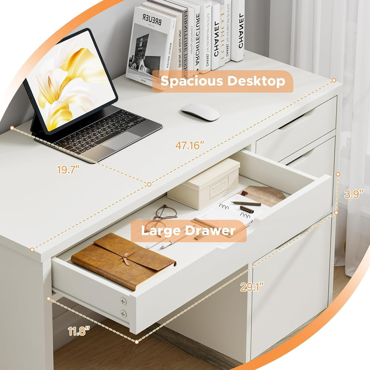 MaverickFurni White Computer Desk with Storage Drawers, Home Office Small Desk with File Cabinet, Study Desk for Kids with 4 Drawers, Modern Kids Desk for Bedroom, Small Space MaverickFurni