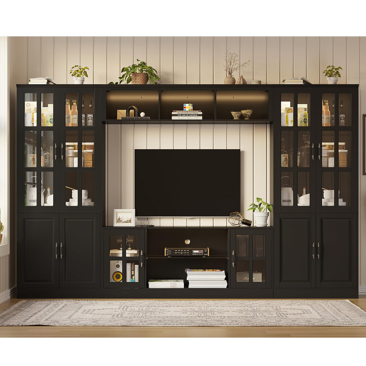 MEISSALIVVE 4-Piece Wall Unit TV Stand with Storage & LED Lights for TVs up to 75", Modern Entertainment Center with Bookshelves & 4-Door Pantry Cabinet, Black MEISSALIVVE
