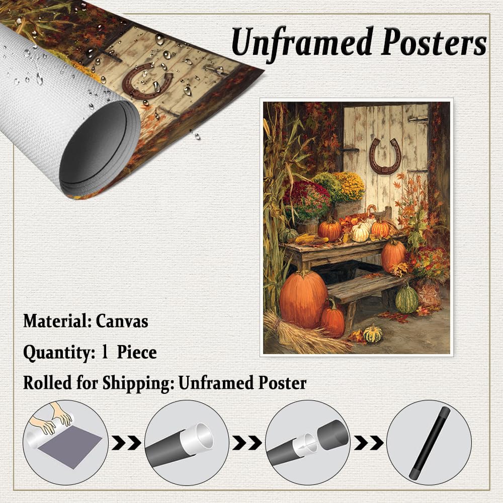 Rustic Harvest Porch Wall Art – Autumn Pumpkin and Corn Still Life Canvas Print with Flowers and Horseshoe Barn Door for Farmhouse Fall Decor 12x16in Unframed Generic