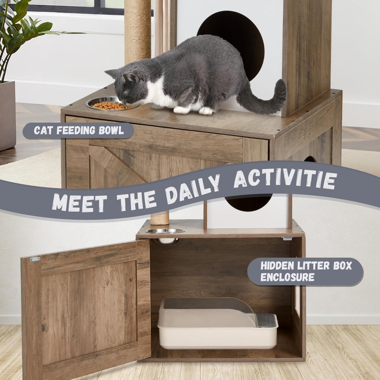 Erinnyees Cat Tree with Litter Box Enclosure, 2-in-1 Cat Tower with Scratching Post,Hammock, Food Station, Platform and Pompom Sticks, Hidden Litter Box Furniture Erinnyees