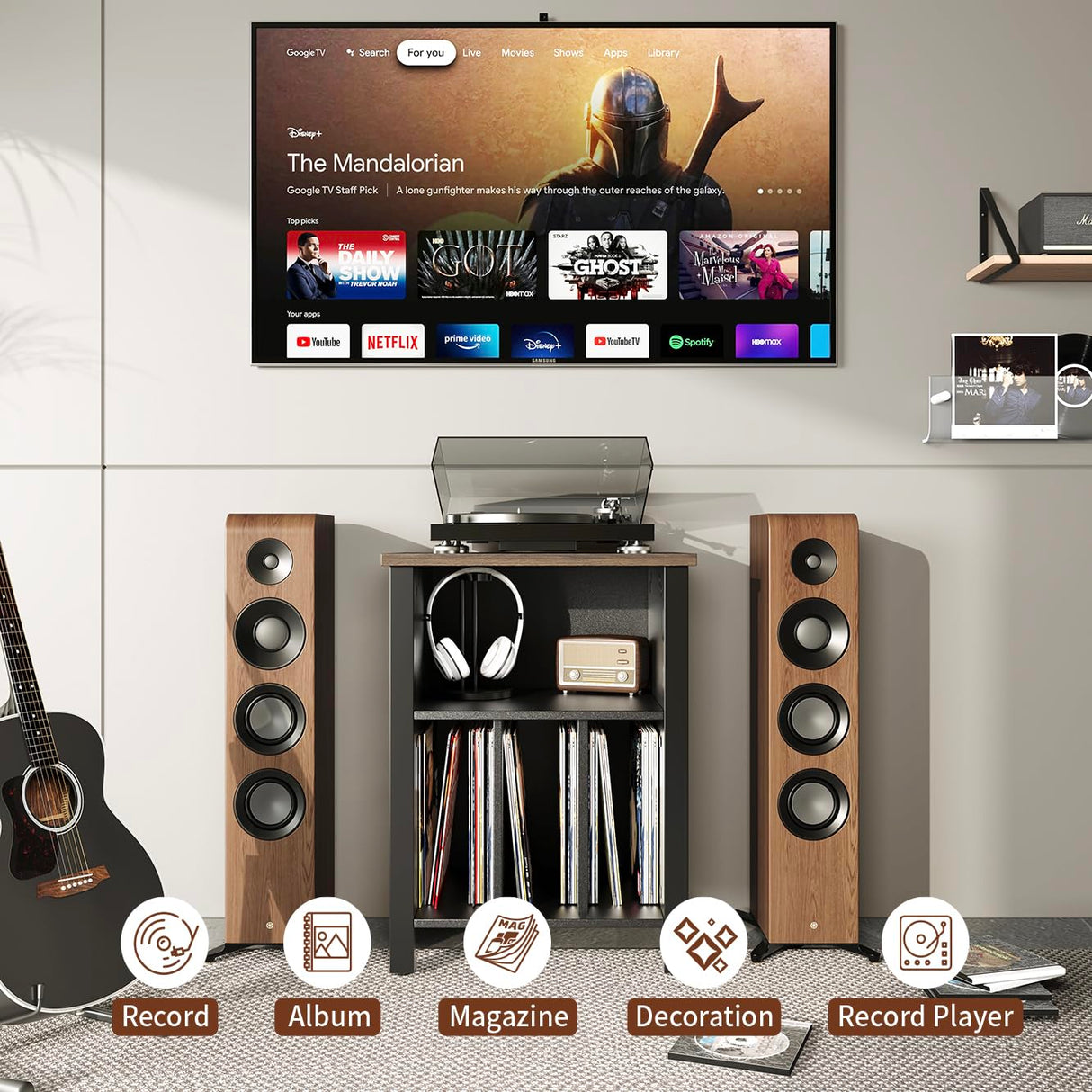 Record Player Stand, Vinyl Record Storage Table End Table with Display Shelf Holds up to 130 Albums, Large Nightstand Wood Turntable Stand Cabinet Side Table for Living Room, Bedroom, Black LIDYUK