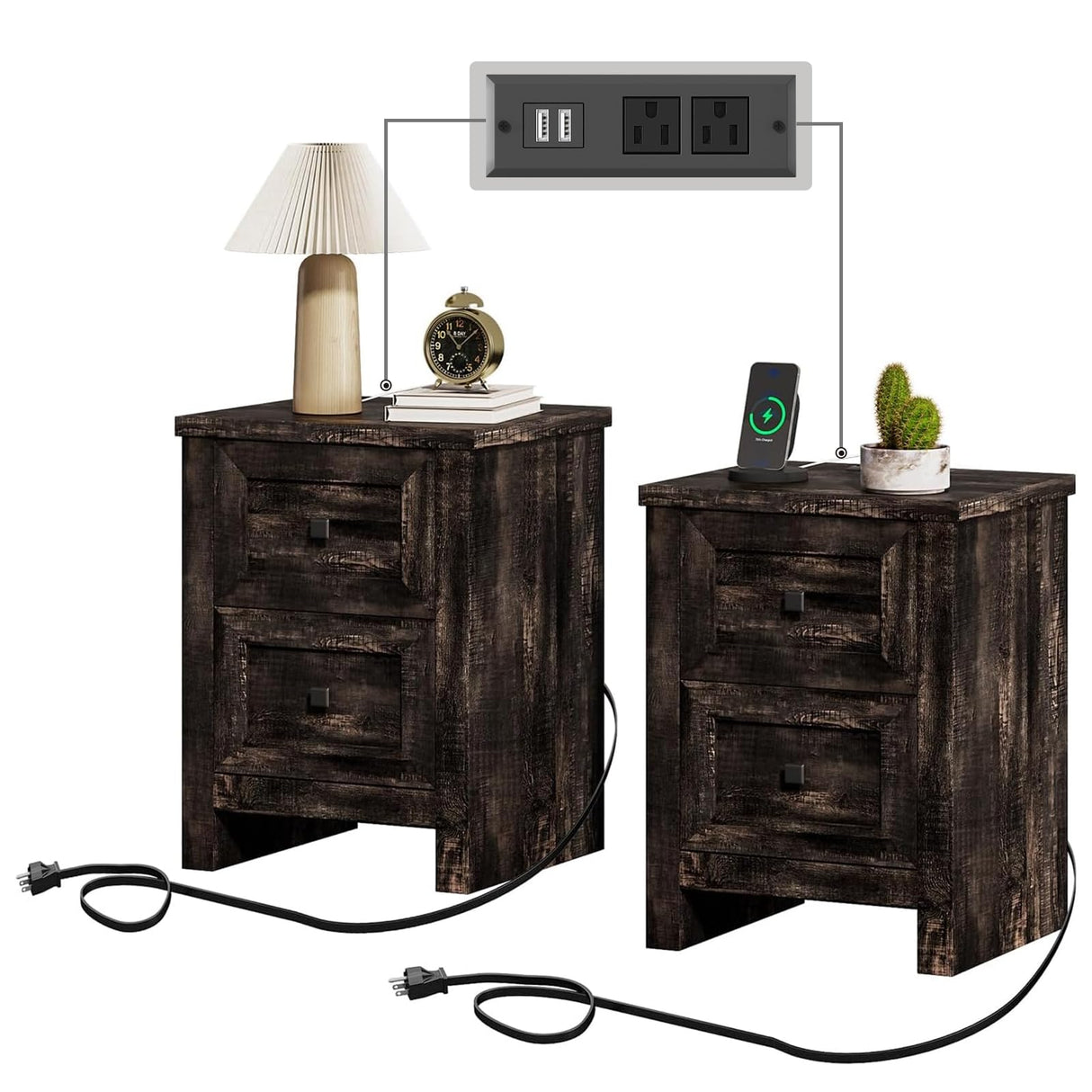 LUXOAK Nightstand Set of 2 with Charging Station, Farmhouse End Table with 2 Drawers Storage Cabinet, Rustic Wood Sofa Side Table for Bedroom, Living Room, Office, Dark Rustic Oak LUXOAK