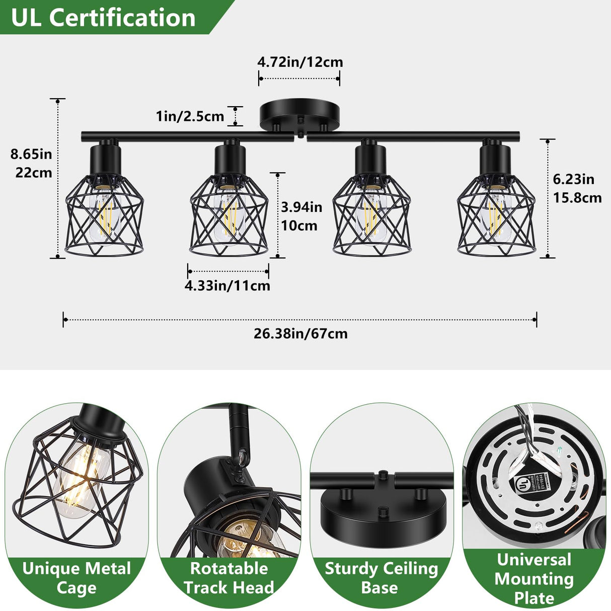 Baocuz 4-Lights Semi Flush Mount Ceiling Light, Adjustable Multi-Directional Light Fixtures, Rotatable Farmhouse Light Fixtures Mount with Metal Cage for Dining Room, Living Room Baocuz