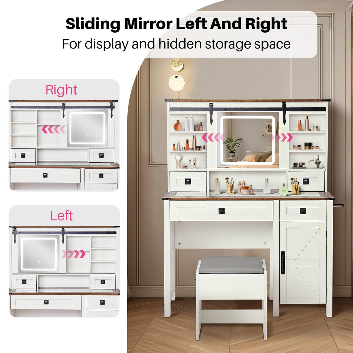 Redlife Farmhouse Vanity Desk with Mirror and Lights, 46" Vanity Set with Stool & Charging Station & Jewelry Cabinet - Makeup Vanity Desk with Glass Tabletop, 4 Drawers, Antique White Redlifeᅟᅠ