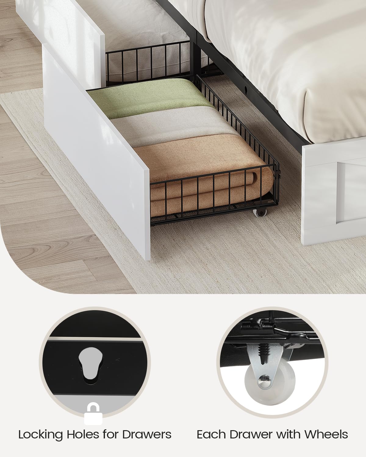 AOGLLATI Farmhouse King Bed Frame Bed Frame with 4 Storage Drawers and Led Lights, Wooden King Bed with Hidden Space Bookcase Headboard and Led Lights, White AOGLLATI