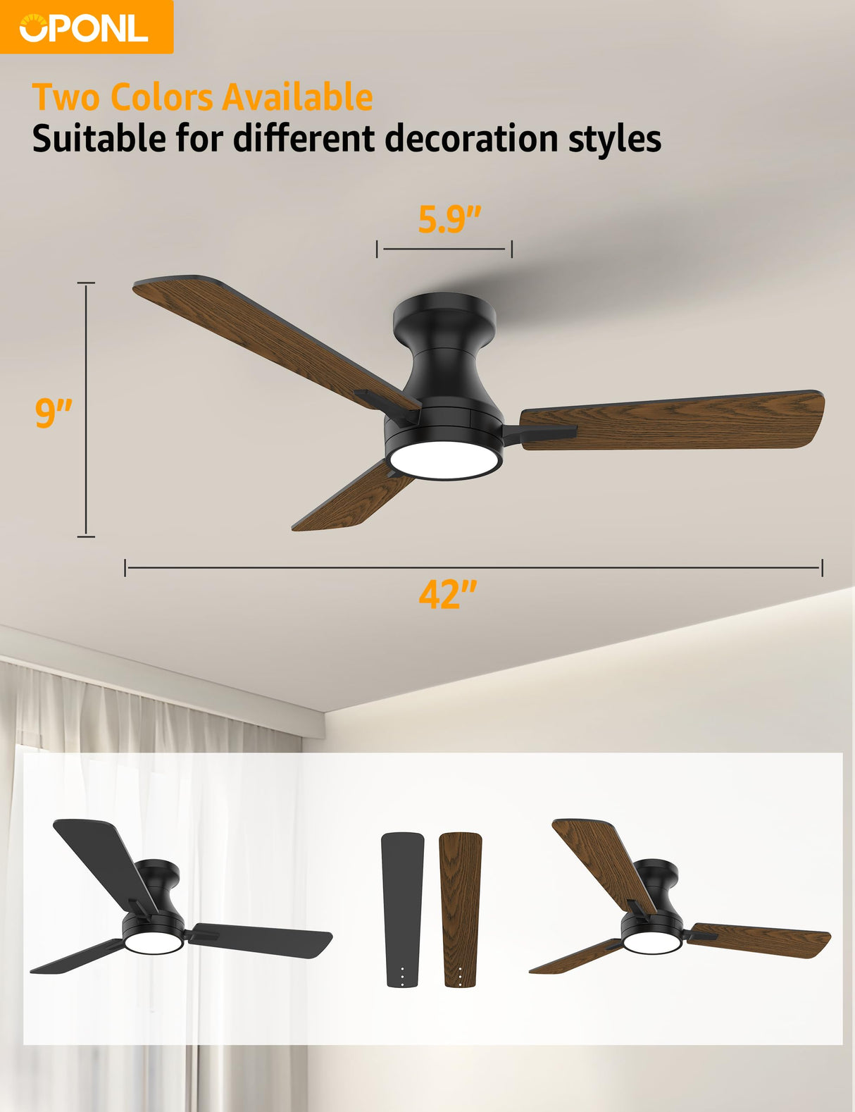 OPONL 42 Inch Black Ceiling Fan with Light with Remote Control, Large Air Volume, modern ceiling fan with light for Bedroom Kitchen Dining room Patio OPONL