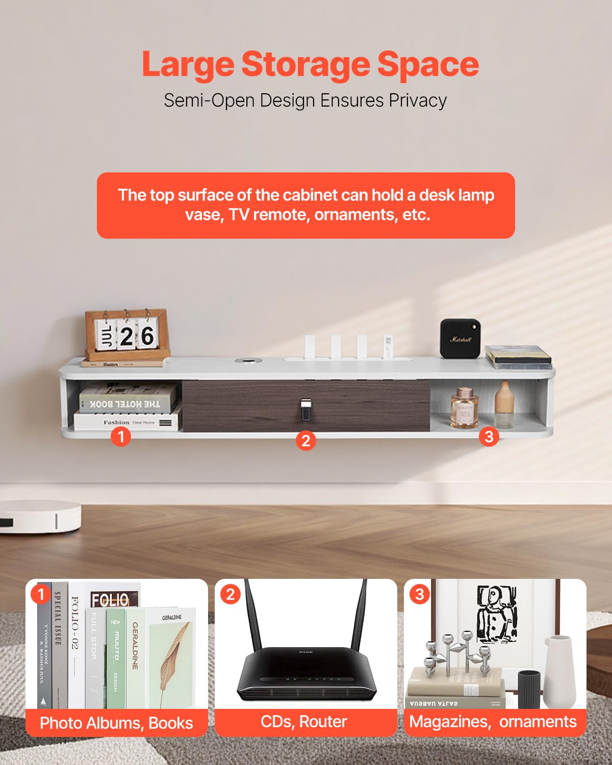 VEVOR Floating TV Stand, 47 in Wall Mount Entertainment Center with Cable Hole, Modern Floating TV Shelf with Storage Cabinet, Particle Board Console for DVD Player, Cable Box, Game Console, White VEVOR