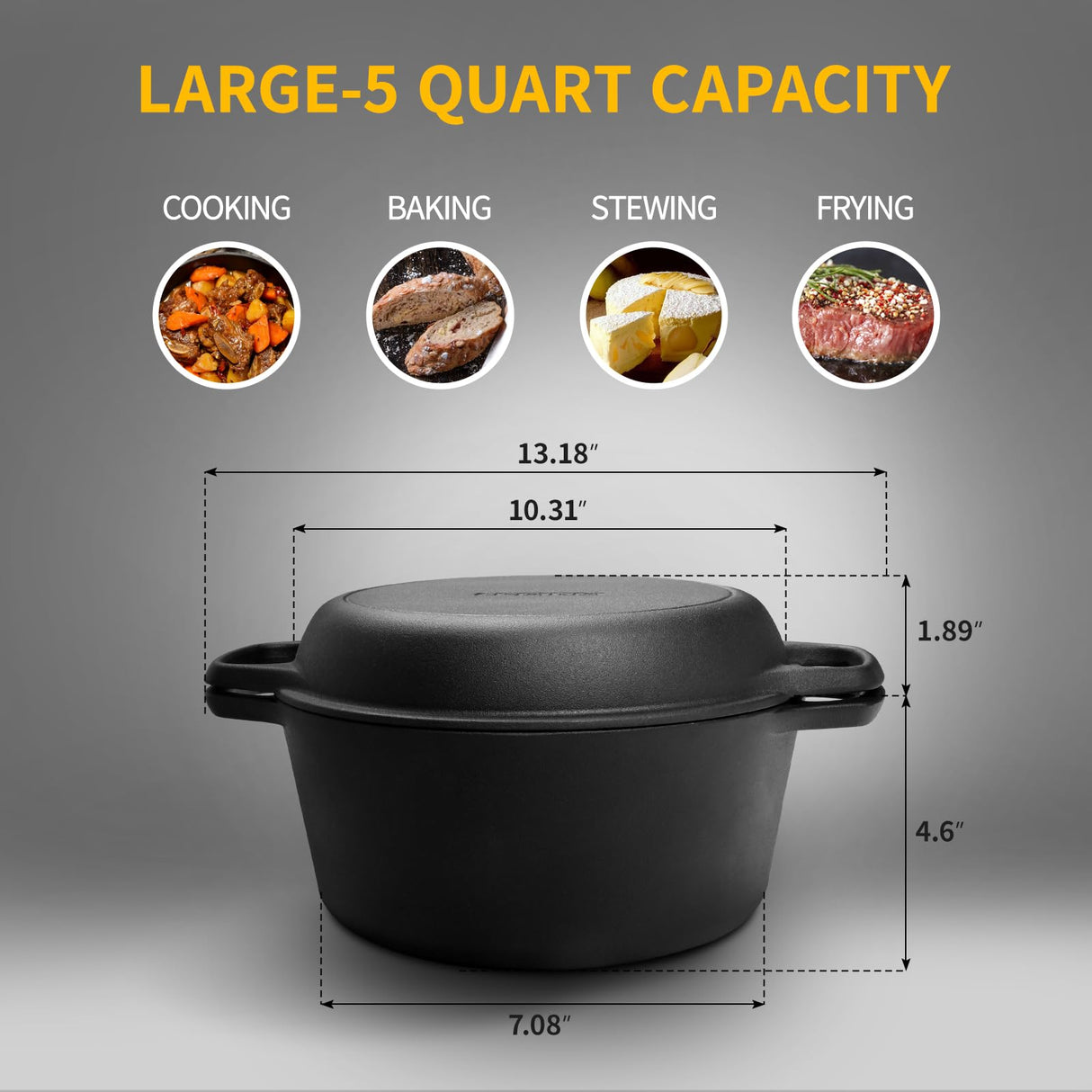 EDGING CASTING 2-in-1 Pre-Seasoned Cast Iron Dutch Oven Pot with Skillet Lid Cooking Pan, Cast Iron Skillet Cookware Pan Set with Dual Handles Indoor Outdoor for Bread, Frying, Baking, Camping, BBQ, 5QT EDGING CASTING