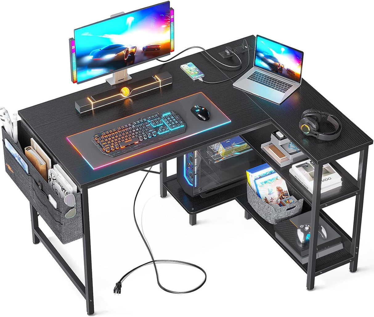 ODK 40 Inch Small L Shaped Gaming Computer Desk with Power Outlets, Reversible Storage Shelves & PC Stand for Home Office, Simple Writing Study Table with Storage Bag for Small Space, Black ODK
