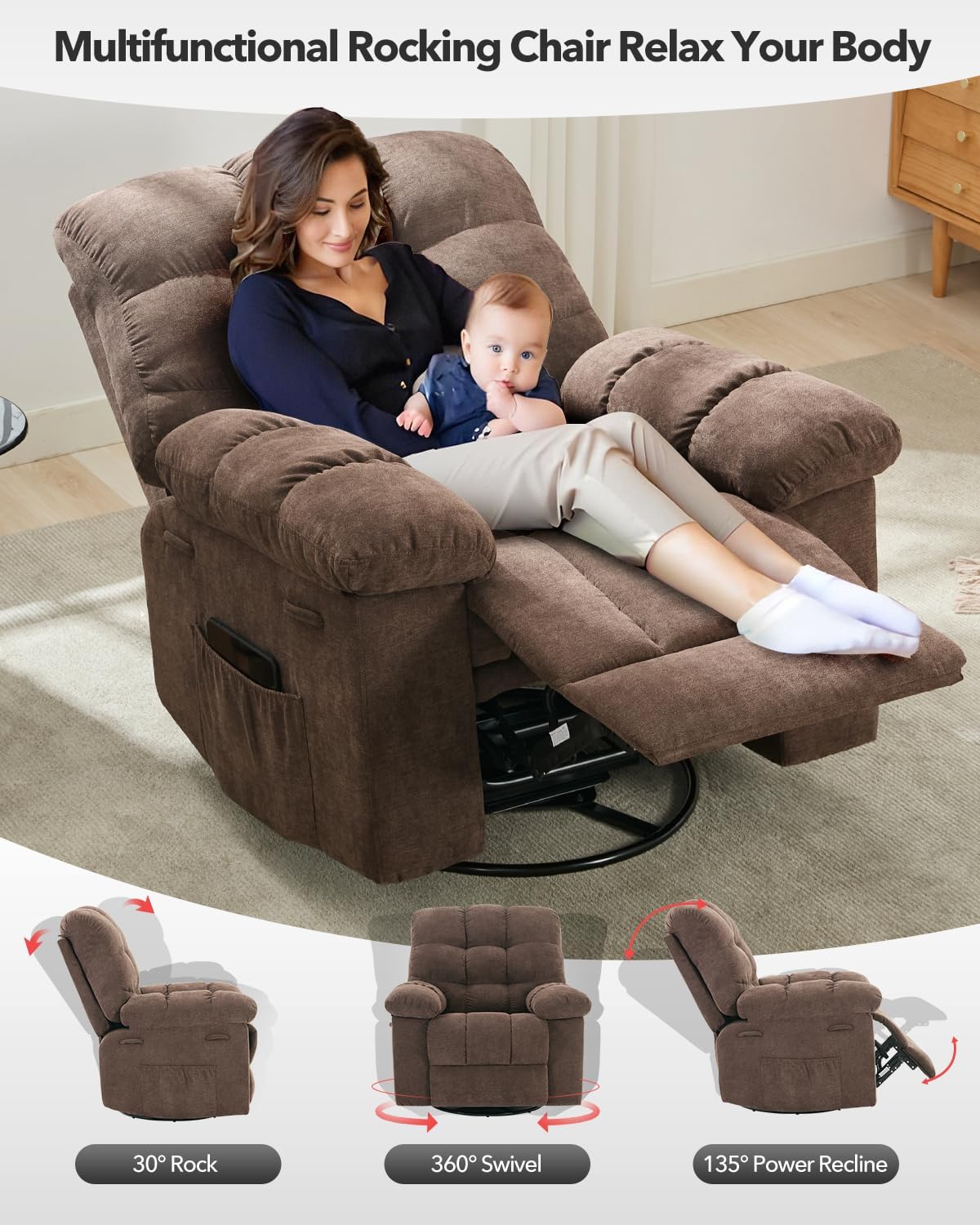 Adult Rocker Swivel Recliner Chair - Soft Fabric Overstuffed Manual Glider, Comfy Nursery Rocking Sofa Chair for Living Room OUTGOODS