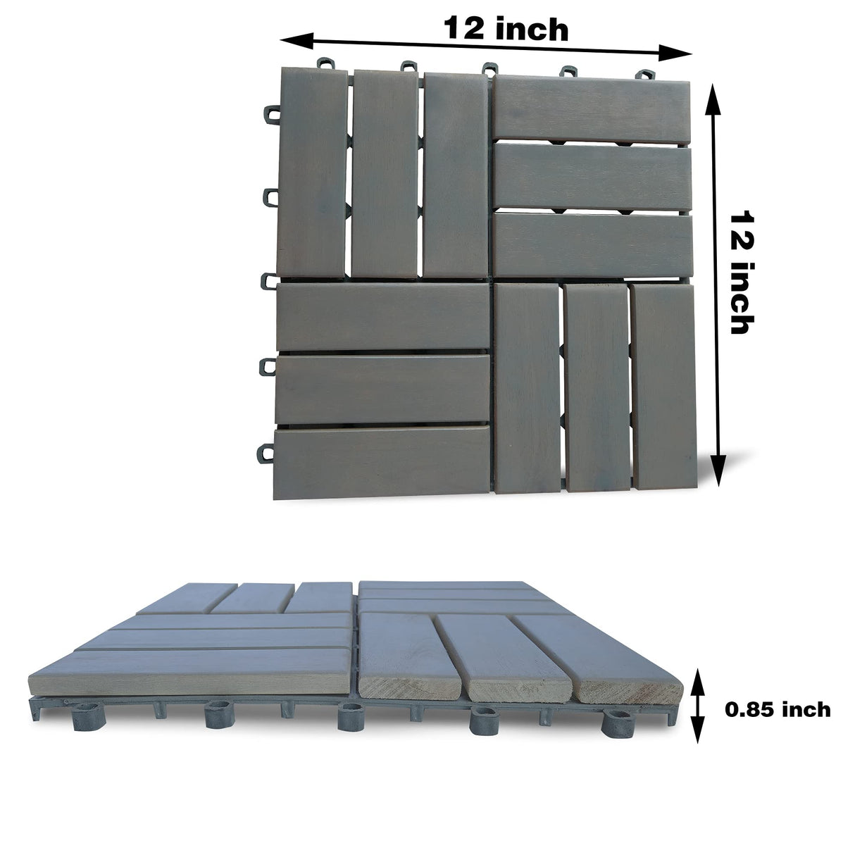 MCombo Interlocking Deck Tiles, Wood Outdoor Flooring, Solid Wood Acacia Deck Tiles for Patio Lawn Garden Balcony and Backyard (Pack of 10, 12" x12") (Light Grey) MCombo