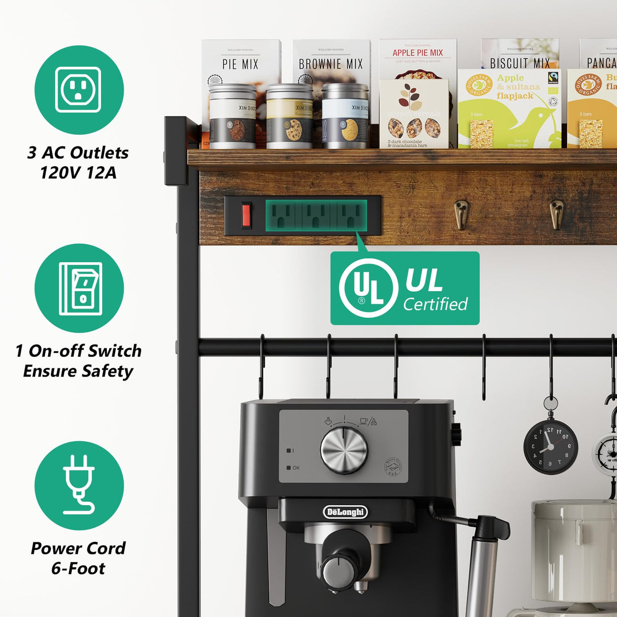 Kalrin Rustic Brown Large Bakers Rack with Power Outlets, Hooks, and Wire Baskets for Organised Kitchen Storage Kalrin