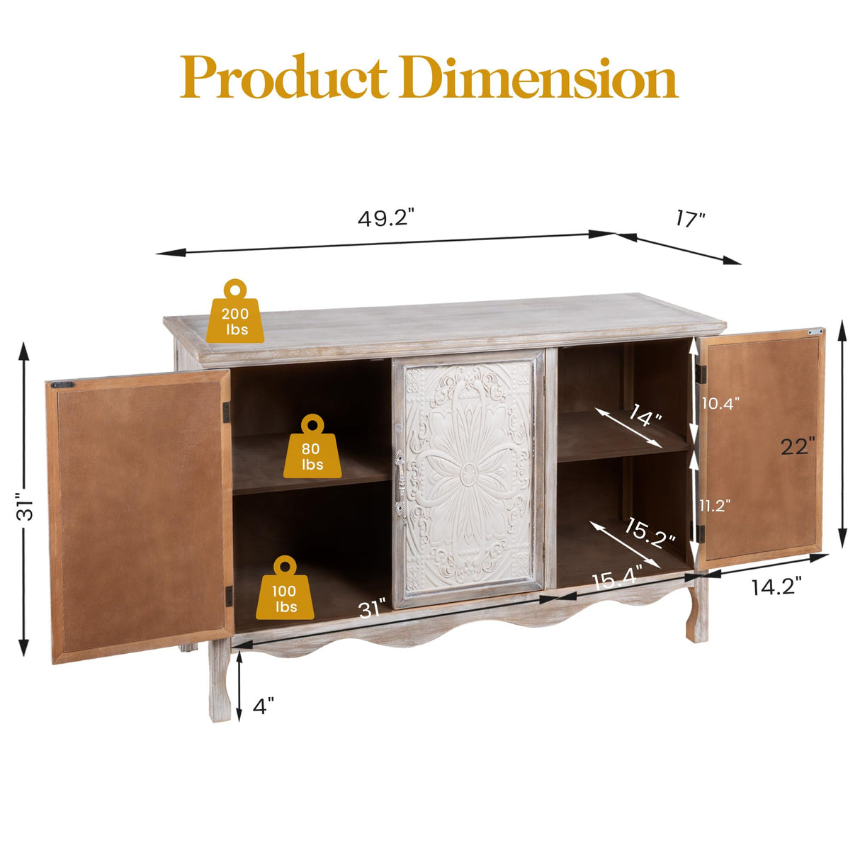 FansaFurn Accent Storage Cabinet with 3 Carved Doors and Shelves, Farmhouse Sideboard Buffet Sideboard with Storage, Wood Kitchen Cabinet for Living Room, Entryway, Dining Room and Kitchen, Wash Grey FansaFurn