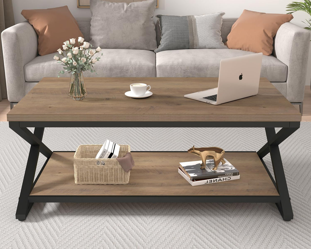 HSH Rustic Farmhouse Coffee Table, Modern Minimalist Wood and Metal Living Room Table, 2 Tie Rectangle Center Table with Storage & Display Shelf, Simple Office Cocktail Tea Table, Rustic Oak, 39 Inch HSH