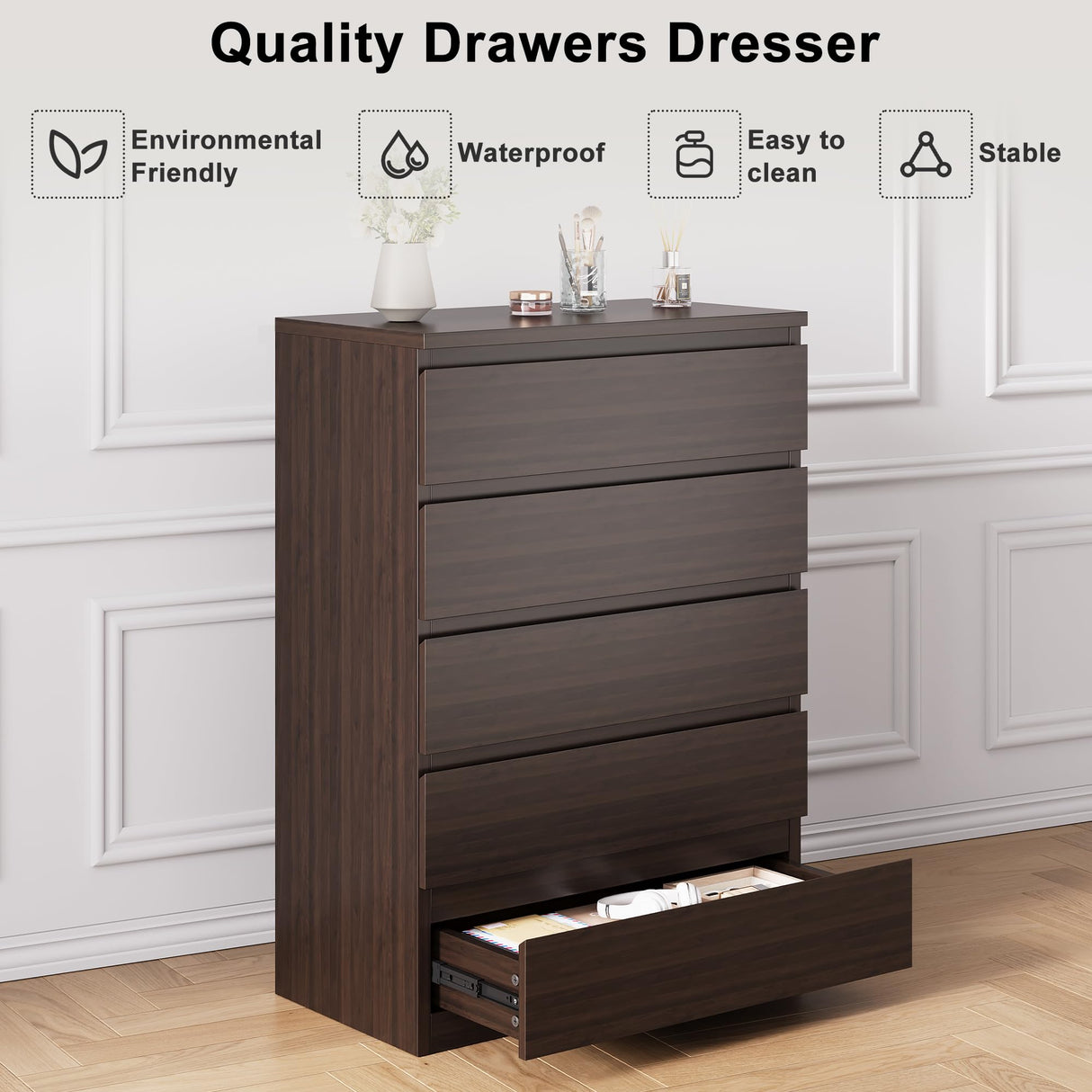 Jocoevol Modern Brown 5 Drawer Dresser for Bedroom, Simply Chest of Drawers, Wood Storage Dresser with Deep Drawers for Living Room Hallway Entryway, Brown Jocoevol