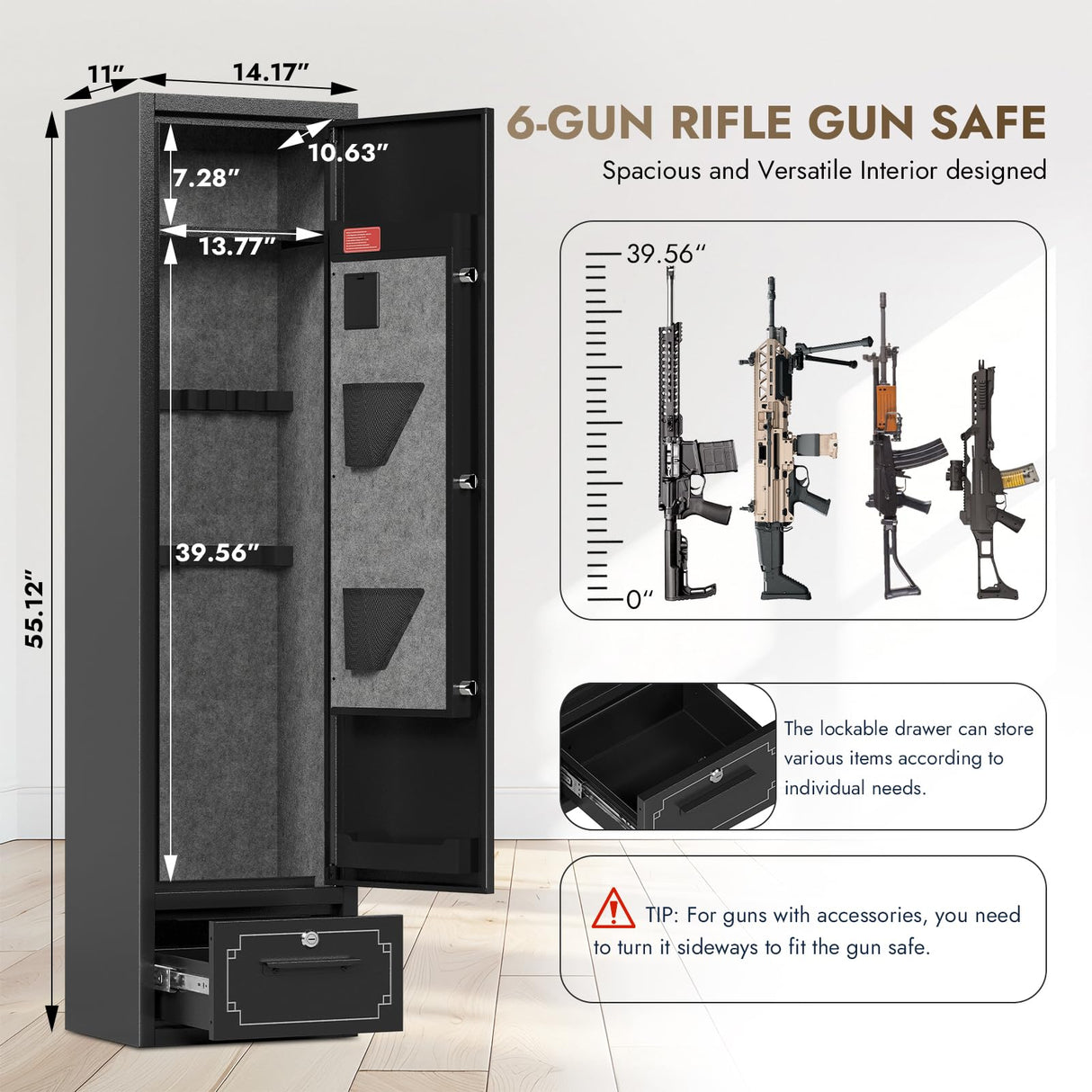 6 Gun Safes Electronic Gun Safe for Rifle and Pistols Quick Access Rifle Safes for Home with Drawer Gun Safe Clearance Gun Cabinets for Rifles and Shotguns Gun Locker with Adjustable Shelf Gun Rack SAPITAL