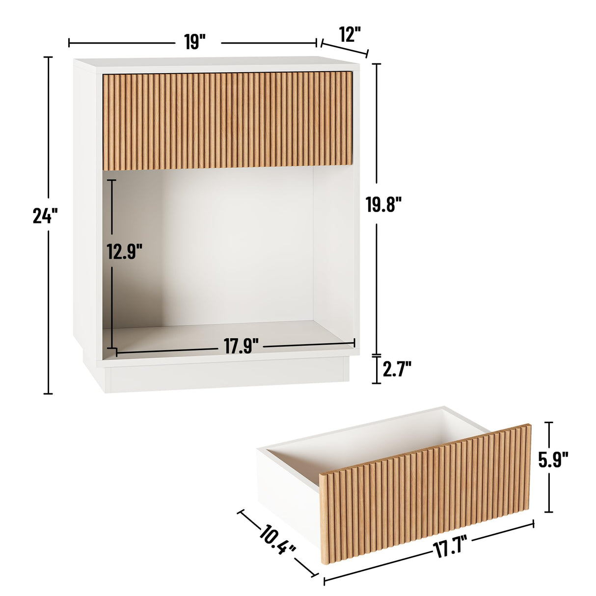 Fluted Nightstands Set of 2, Modern Bedside Table with Drawer and Storage Shelf, Wood End Table Mid Century Night Stands for Bedroom Living Room Sofa Couch Office (White+Oak) INNOD