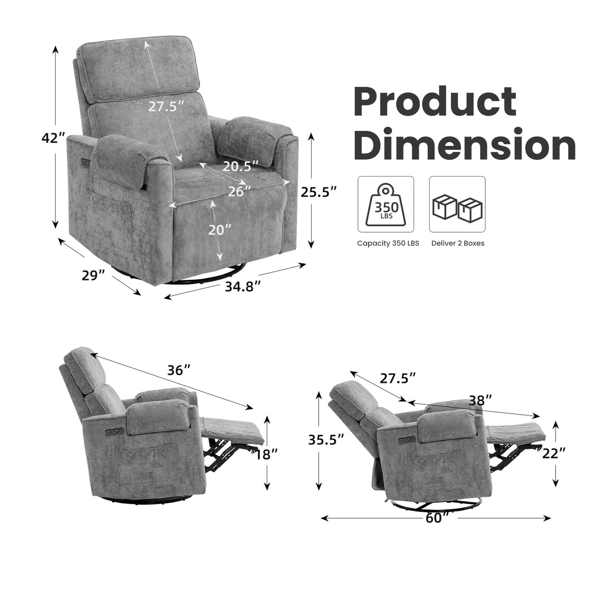Oversized Power Recliner Chair Swivel Glider with Adjustable Headrest, Swivel Rocking Recliner Chair for Adults, 26" Extra Wide Glider Nursery Chair with Overstuffed Armrest, USB Ports, Grey RUTOX