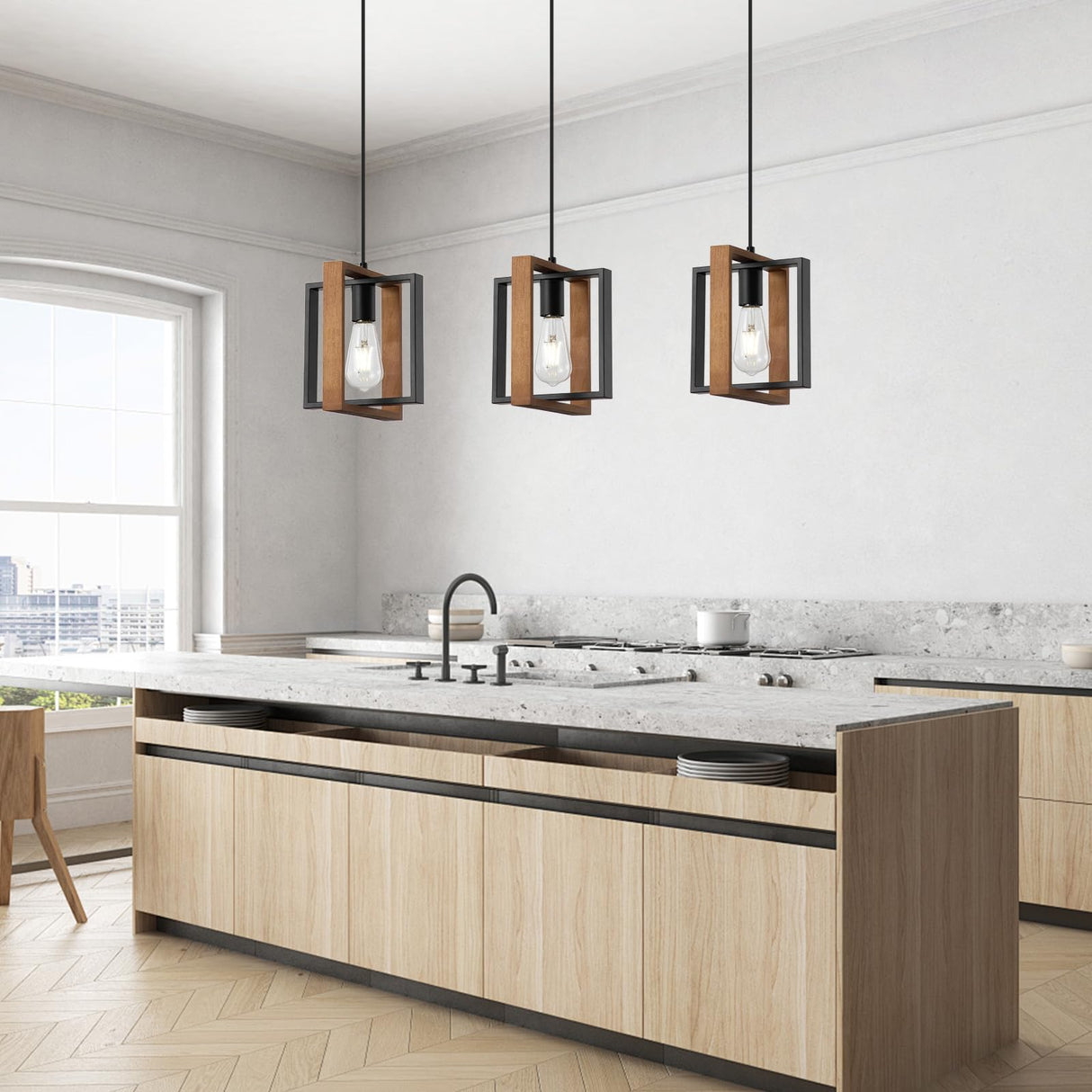 9MMML Wood Pendant Light Kitchen Island Set of 3, Farmhouse Hanging Lamp with 62'' Height Adjustable Cord, Small Ceiling Pendant Light Fixture for Dining Room, Entryway, Foyer 9MMML