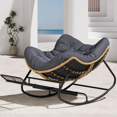 SWITTE Outdoor Papasan Rocking Chair with Adjustable Footrest, Oversized Wicker Zero-Gravity Chair with Cushion, All-Weather Lounge for Patio, Living Room-Dark Grey