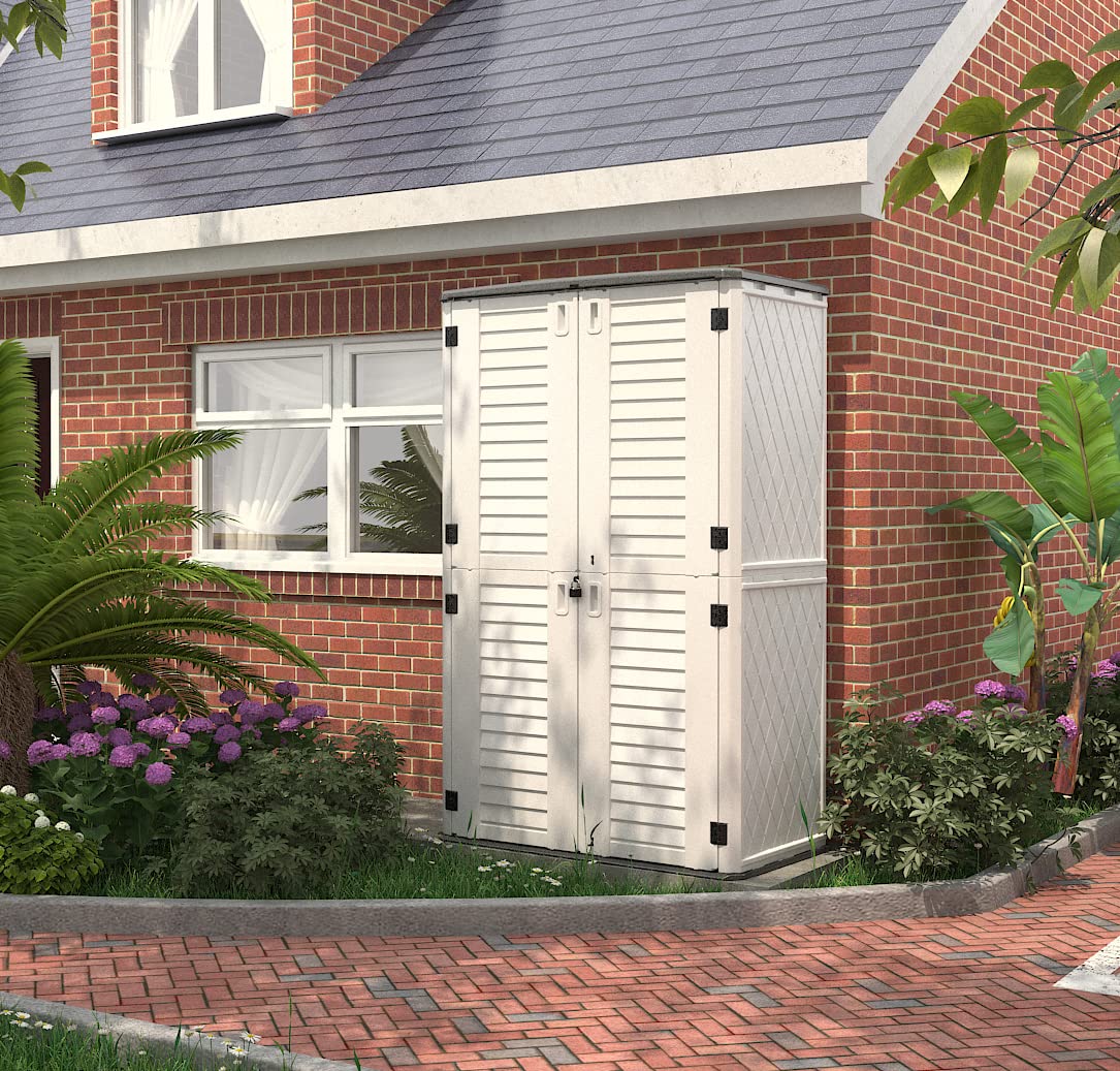 KINYING Outdoor Storage Shed Waterproof, Resin Vertical Storage Cabinet Double-Layered, Versatile to Store Patio Furniture, Garden Tools, Pool Accessories,Mower (66 Cu.ft,White) KINYING