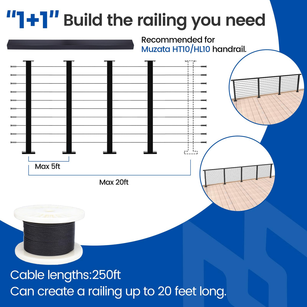 Muzata 15-20ft Complete Set 36" Cable Railing Post Kit Include 4Pack Black Posts PS02, 250ft Wire Rope, Swageless Cable Railing System DIY Kit (No Handrail) RWS2 BH4S Muzata