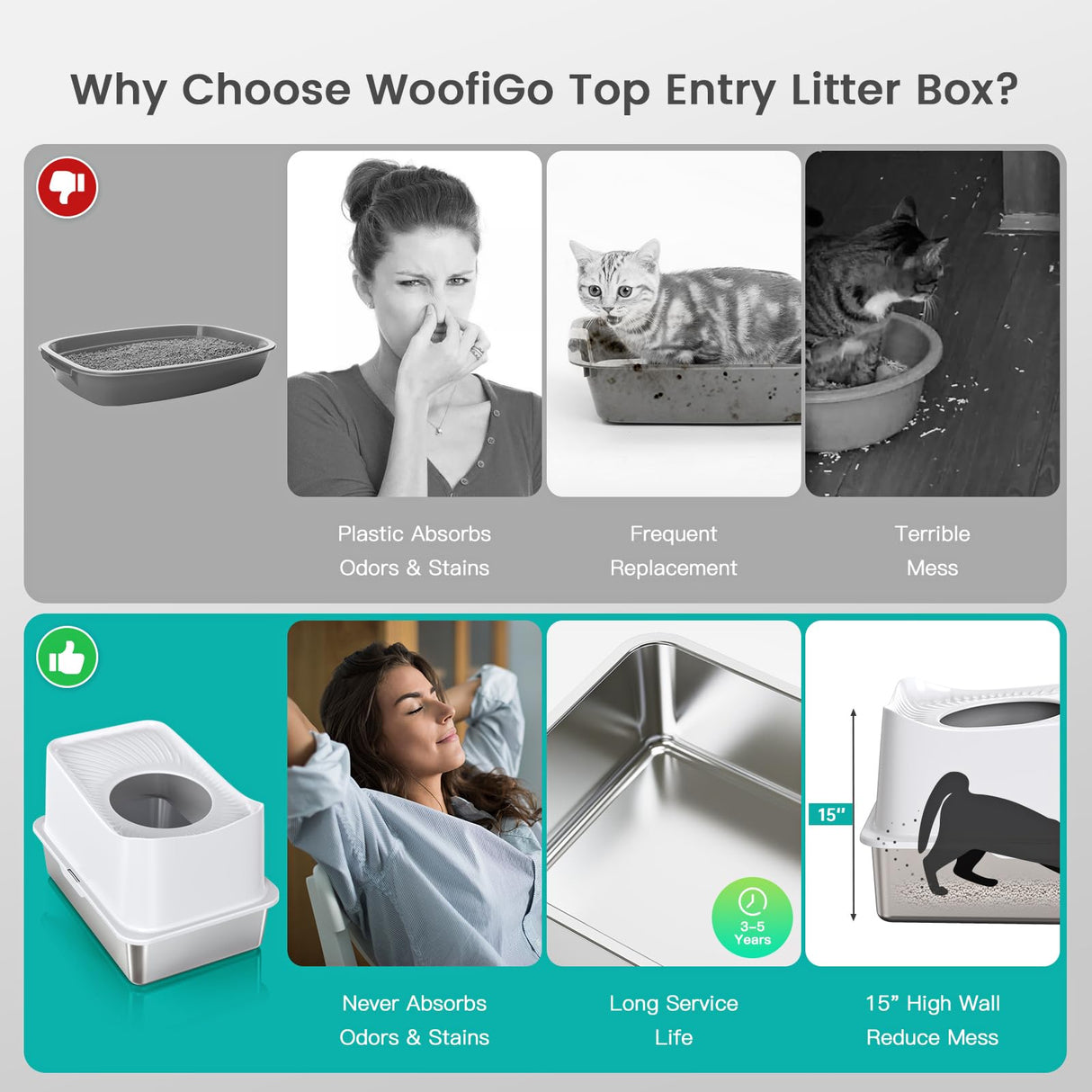 WoofiGo Stainless Steel Cat Litter Box, Large Top Entry Litter Box for Big Cats, Enclosed Kitty Litter Pan with Lid, Metal Cat Box Never Absorbs Odors, Easily Cleaning, Include Scoop WoofiGo
