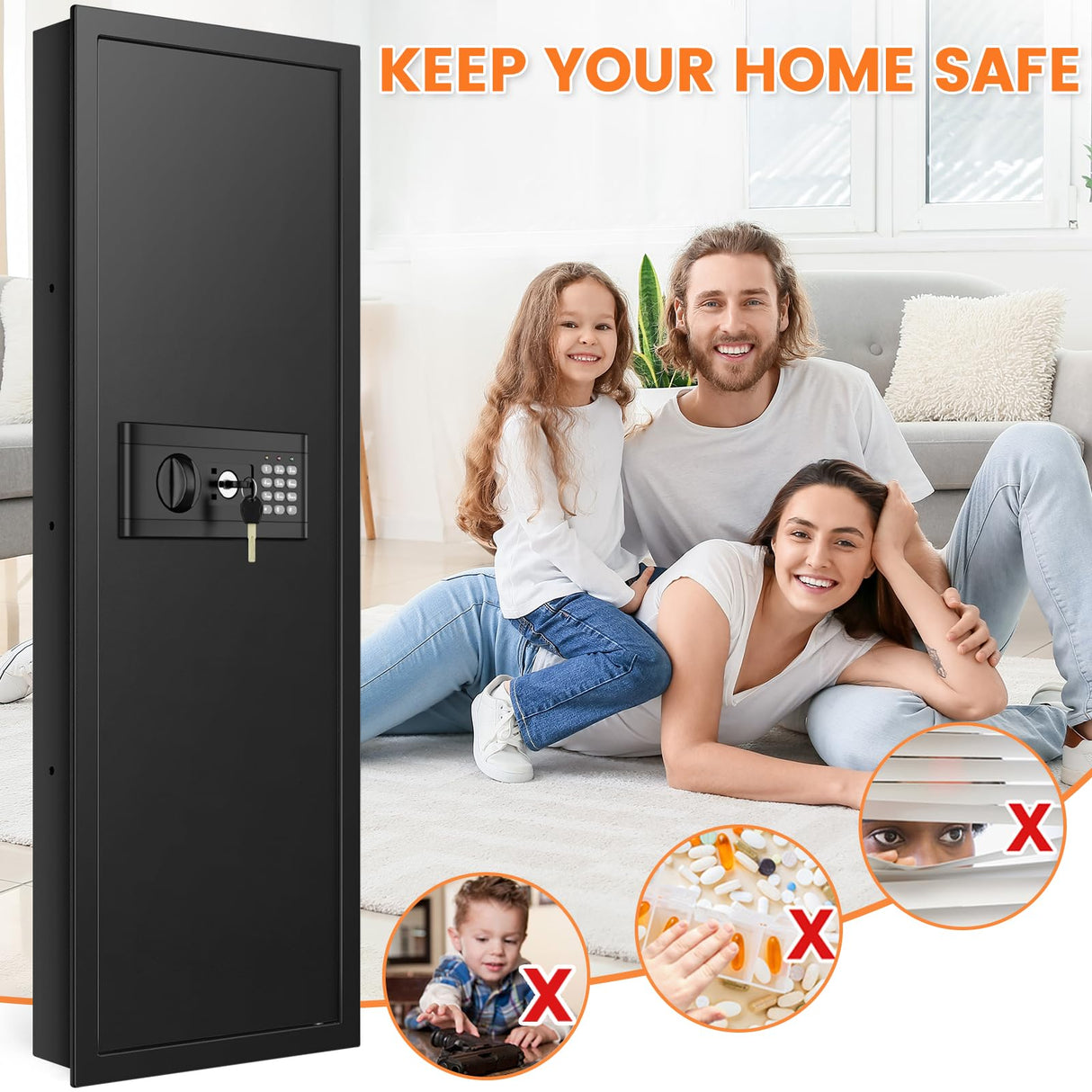 47.3" Tall Fireproof Wall Safes Between the Studs 16" Centers, Large Hidden Flush Wall Safe with 4 Removable Shelf & 6 Key Hooks, 48LB Heavy Duty Gun Safes for Home Rifle and Pistols, Money, Jewelry Nebakne