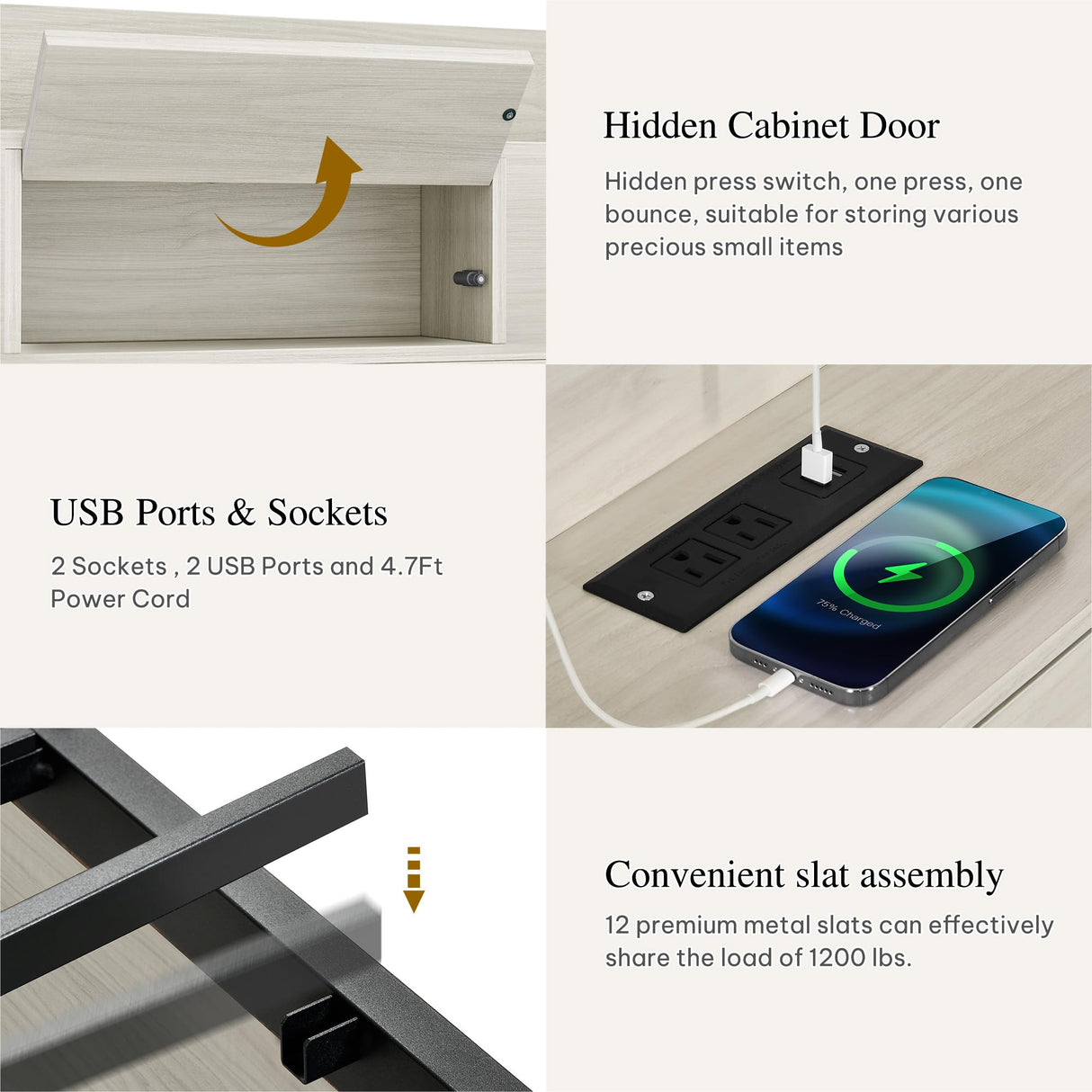 YITAHOME King Bed Frame with Bookcase Headboard and 4 Storage Drawers, RGB LED Light Bed with Type-C & USB Charging Station Storage Headboard Bed Frame, No Box Spring Needed, Noise Free, Antique White YITAHOME