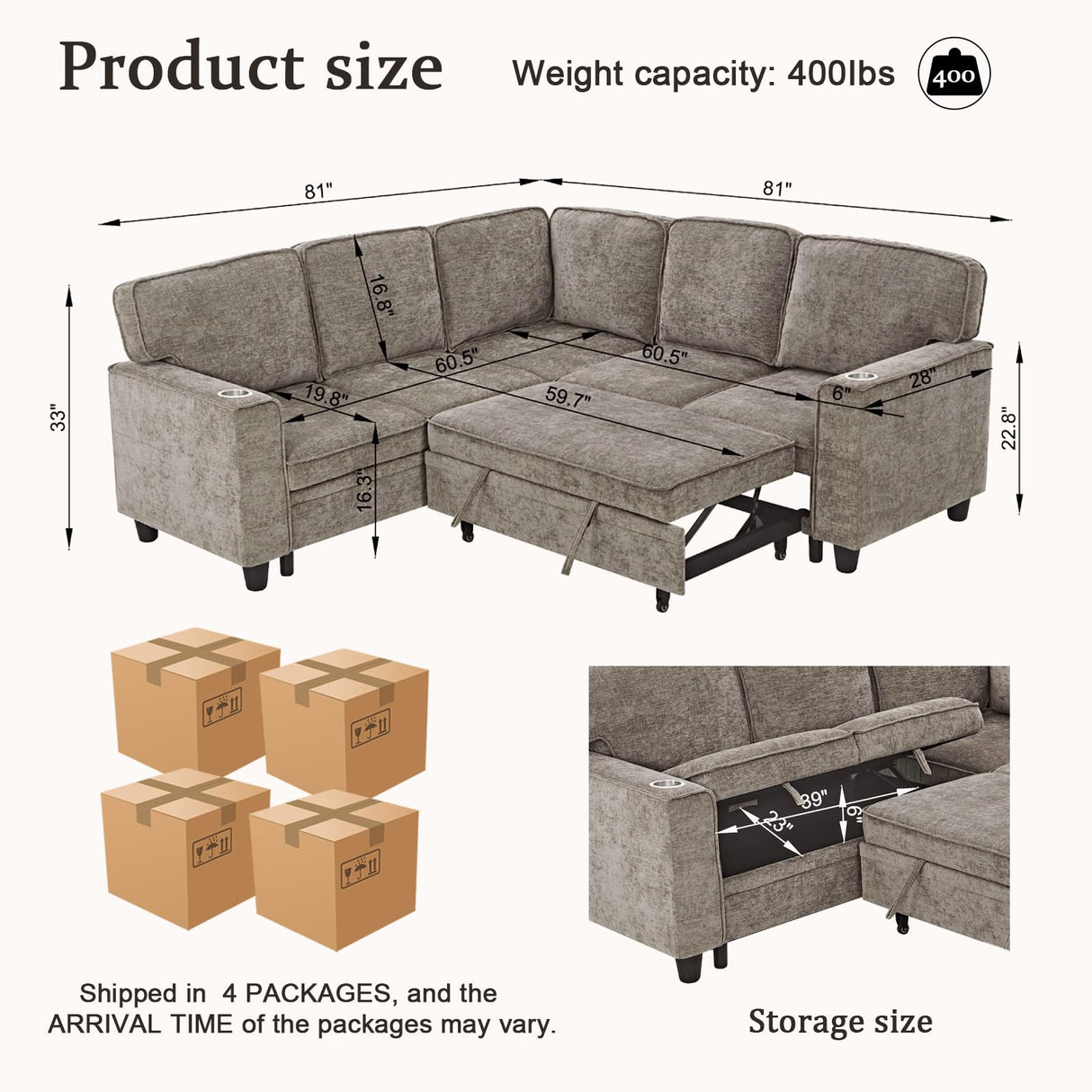 KEIKI 81" L-Shaped Oversized Chenille Modular Sectional Sleeper Sofa with Pull-Out Bed, Storage Seat, Modern 5-Seater Upholstered Couch Bed with Charging Station, Easy Assembly, for Living Room, Brown KEIKI
