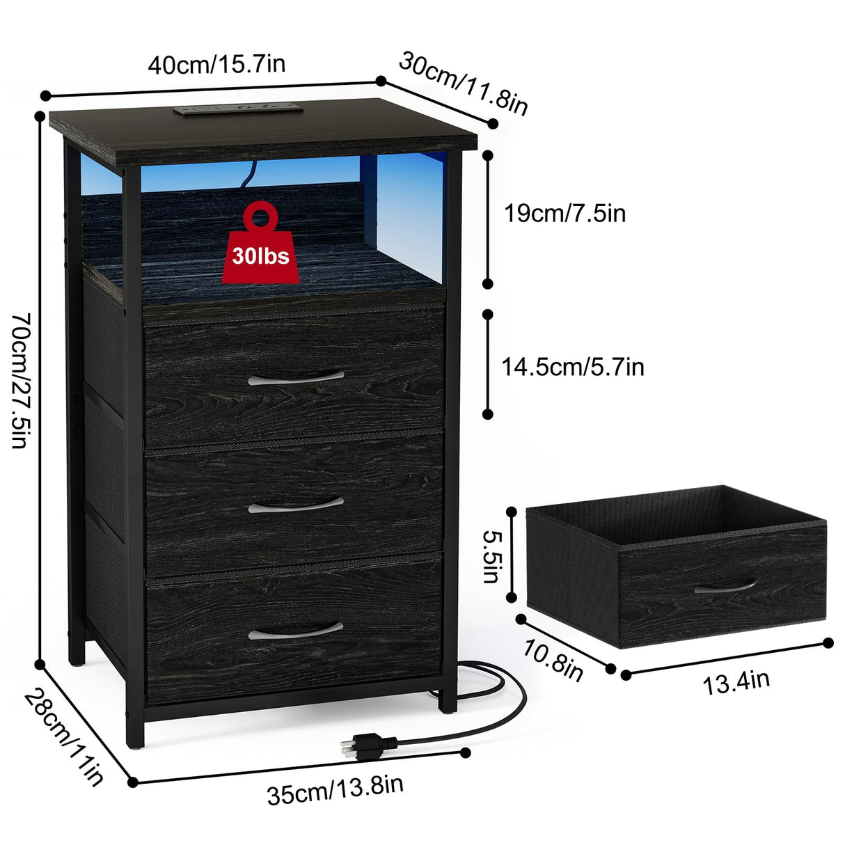 Fixwal Night Stand with Charging Station, LED Nightstand with Fabric Drawers, End Table with PU Finish, Bed Side Table, Black Oak Fixwal