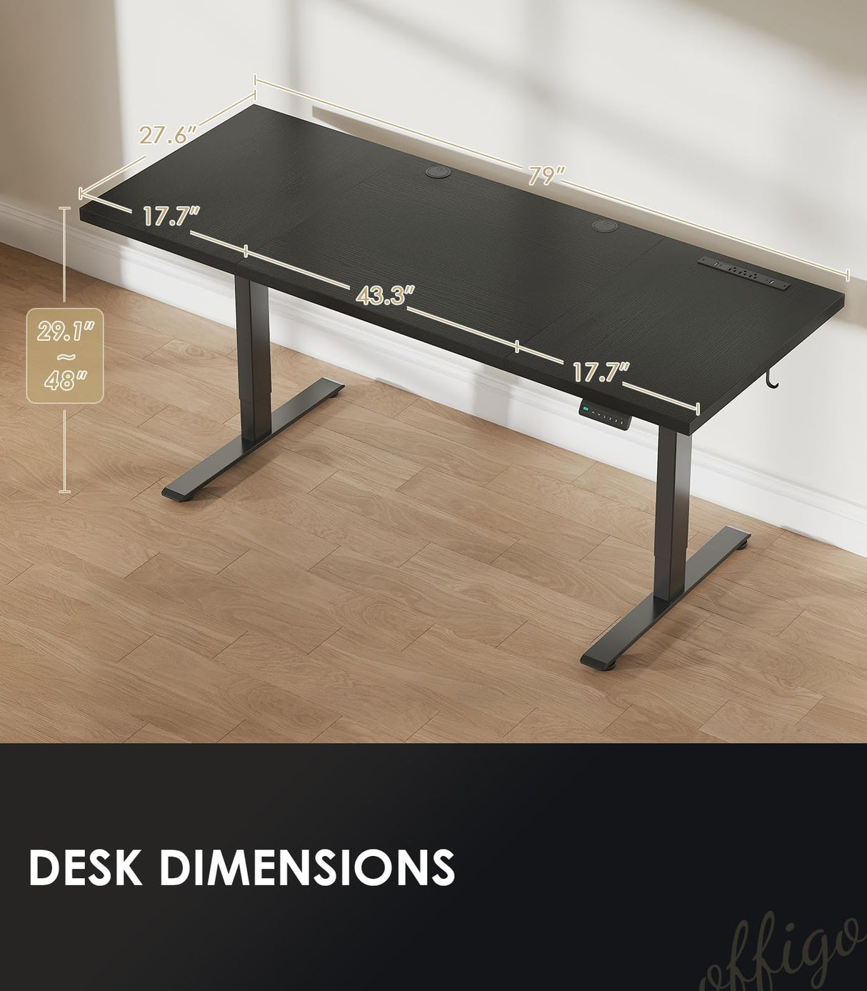 OffiGo Electric Standing Desk with 3-Piece Board, 79 Inch Height Adjustable Large Desk with Power Outlets, Sit Stand Table, Writing Computer Desk for Home, Office, Workstation, Black OffiGo