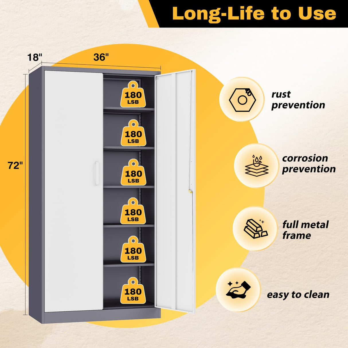 ZAOUS Garage Storage Cabinet, 72'' Tall Metal Storage Cabinets with Lock and 5 Adjustable Shelves for Home, Office, Warehouse, Grey & White ZAOUS
