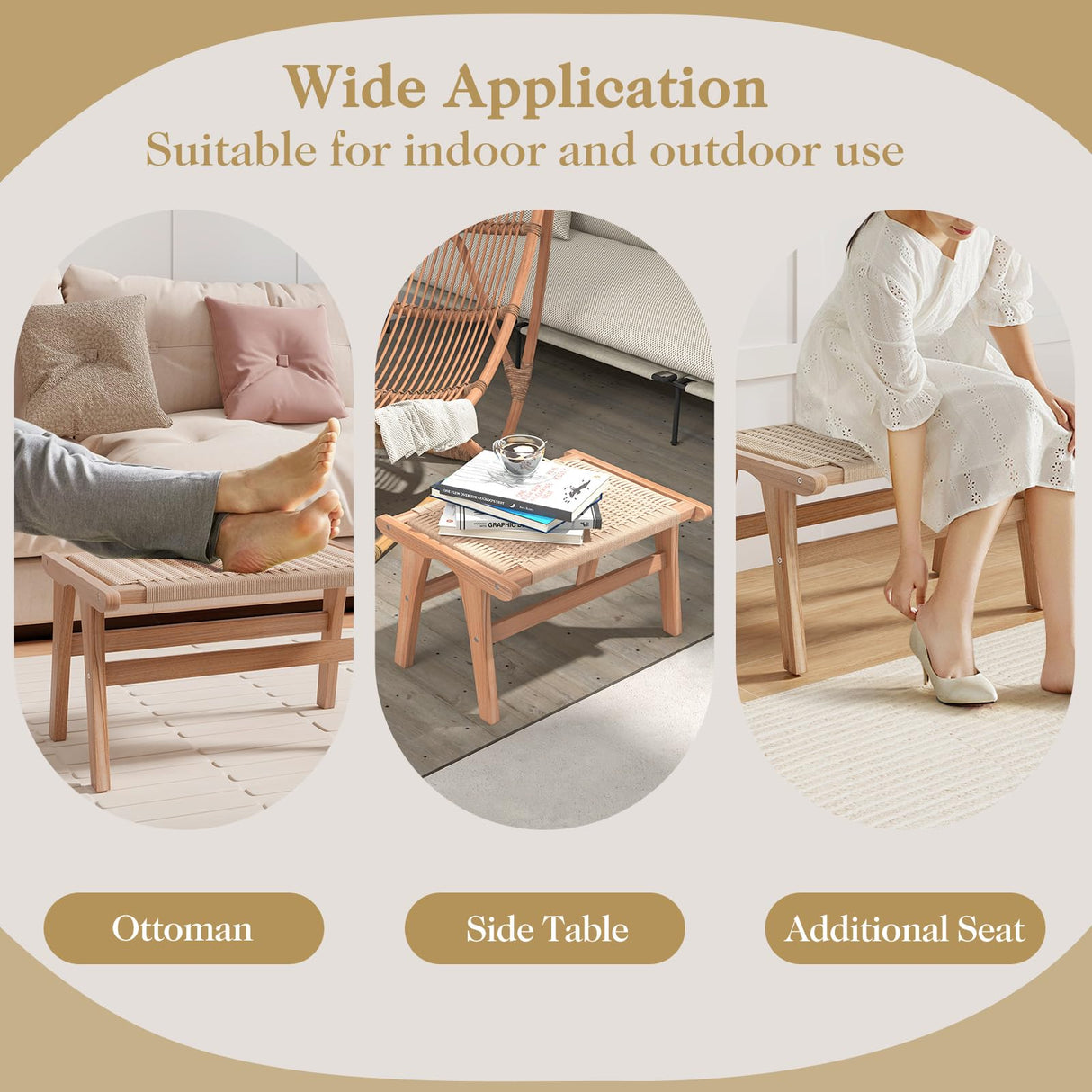 Tangkula Teak Wood Ottoman Footstool, Natural Teak Wooden Foot Rest with Braided Rope for Living Room Bedroom Office, 14" H, Indoor (1) Tangkula