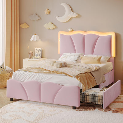 AOGLLATI Twin Bed Frame with 4 Storage Drawers & Charging Station,Upholstered Led Flower Twin Bed with Adjustable Headboard and Strong Wood Slat Support,No Spring Box Needed, Pink