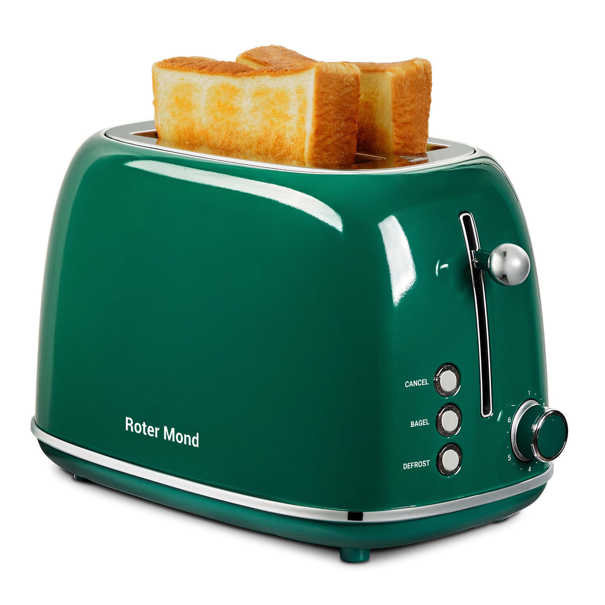 Roter Mond 2 Slice Toaster Retro Stainless Steel with Bagel, Cancel, and Defrost Functions, 6 Bread Shade Settings, Extra Wide Slots and Removable Crumb Tray, Green Roter Mond